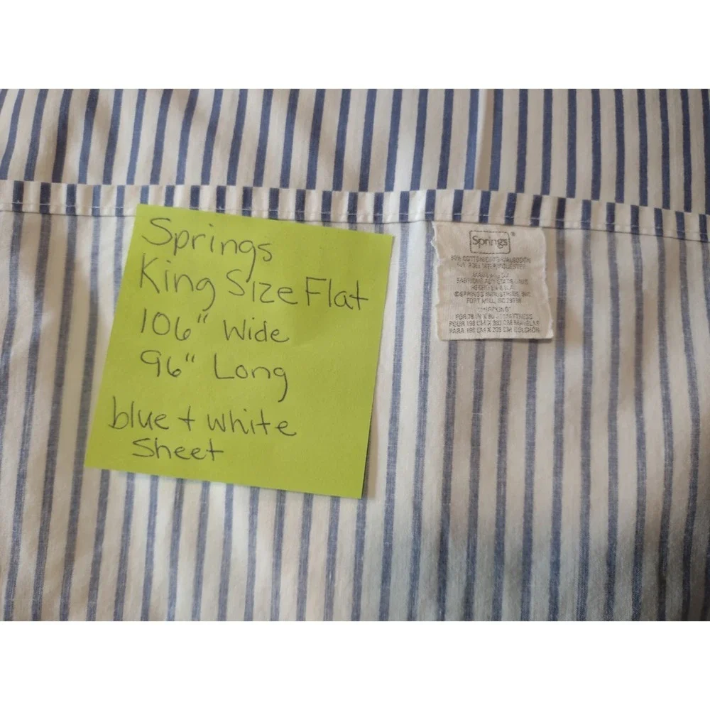 Springs King Flat Sheet Striped Blue White Cotton Blend Beach House Nautical USA